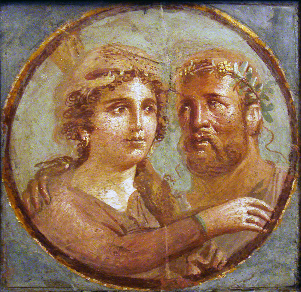 Heracles and Omphale ancient Roman fresco, Pompeian Fourth Style (45-79 AD), National Archaeological Museum of Naples, Italy.