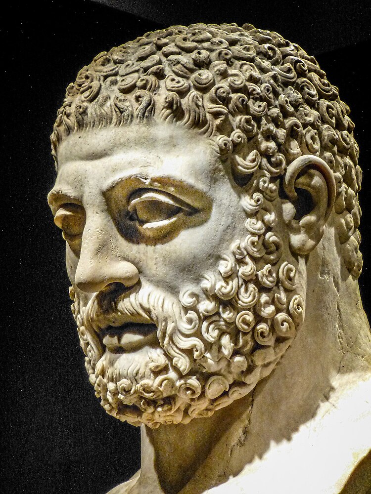 Head from statue of Heracles, Roman 117-188 CE from villa of the emperor Hadrian at Tivoli, Italy