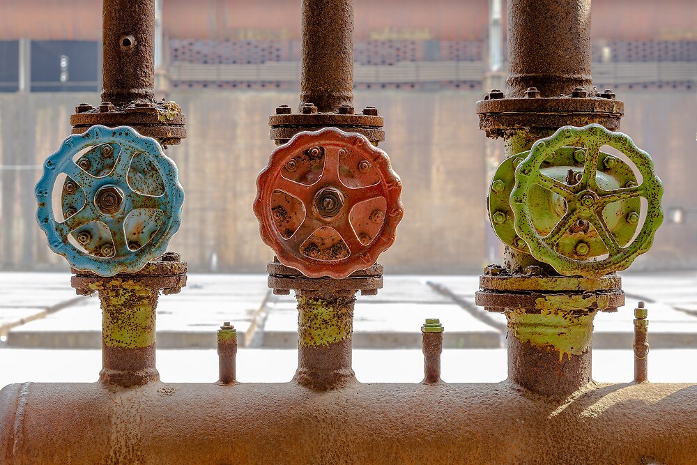 Valves (and pipes) at the switch house east at Landschaftspark Duisburg-Nord, Duisburg, North Rhine-Westphalia, Germany