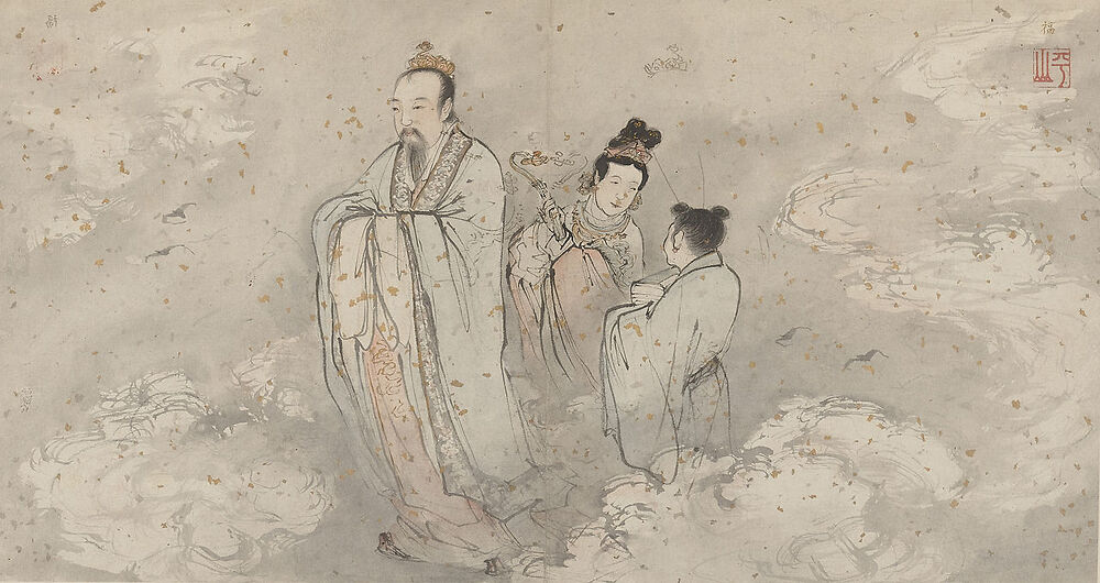 Le dieu de la Chance (Caishenye?, 財神) et ses préposés, assis dans les cieux