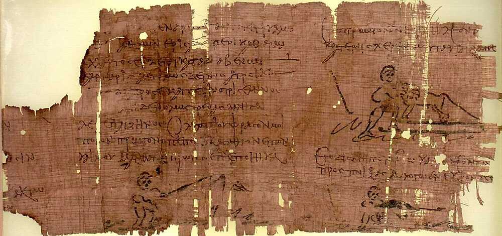 The Heracles papyrus; note on the right, a drawing of the killing of the Nemean lion by Heracles