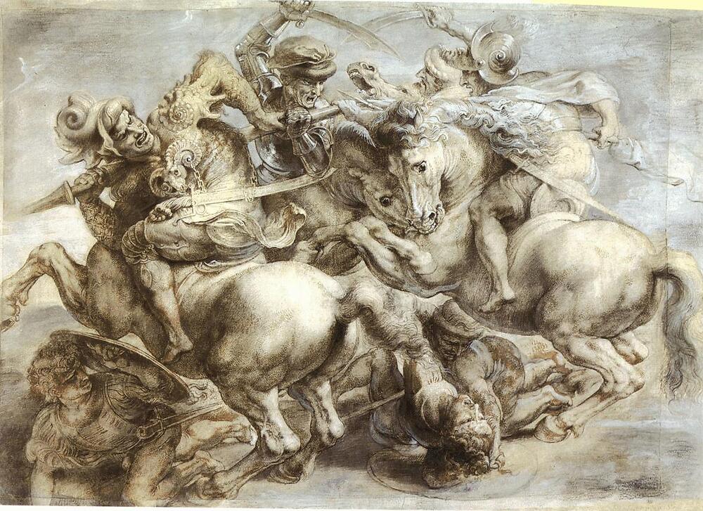 After Leonardo Da Vinci’s lost Battle of Anghiari, Louvre, black chalk, white chalk, brown ink, c. 1603