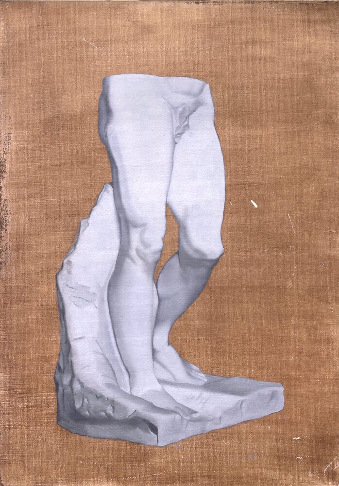 Bargue’s plate I-30 (“Legs of the dying slave”) copy. Black and white oils on a burnt umber washed canvas
