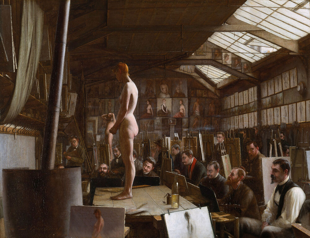 Bouguereau’s Atelier at the Académie Julian, Paris, oil on panel, 1891, 11.2 in (28.5 cm); width: 14.5 in (36.8 cm)