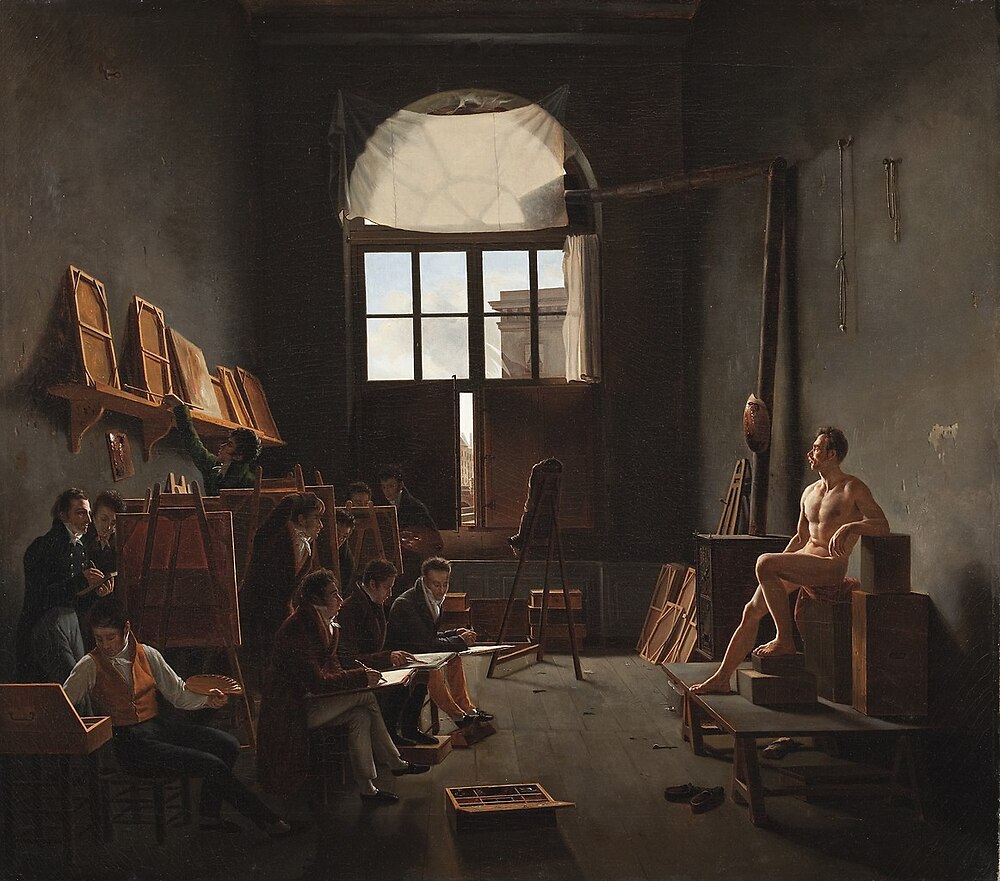 The Studio of Jacques-Louis David, oil on canvas, 1814, 91.1 cm (35.8 in) by 102.8 cm (40.5 in), Louvre, Paris, France