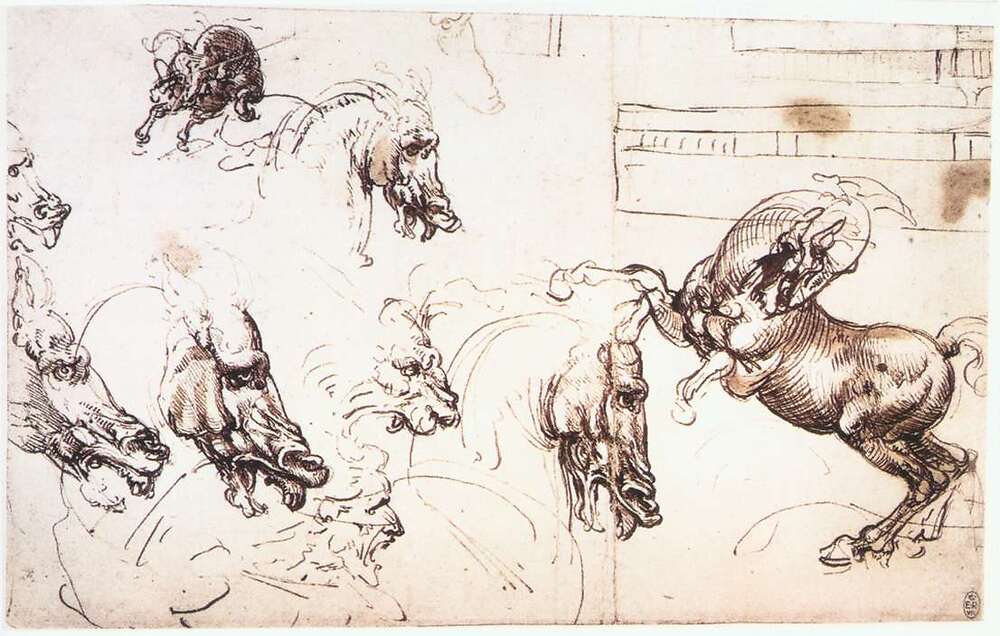 Study of horses for the Battle of Anghiari, mostly pen and ink on paper, c. 1503