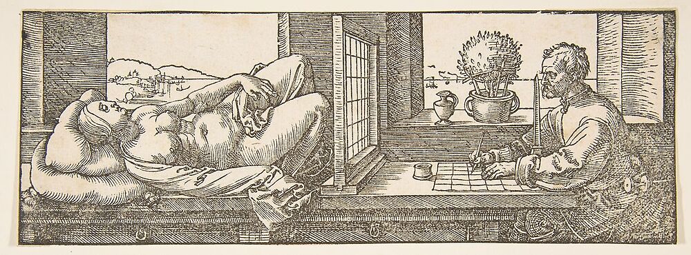 Draughtsman Making a Perspective Drawing of a Reclining Woman, c. 1600, woodcut