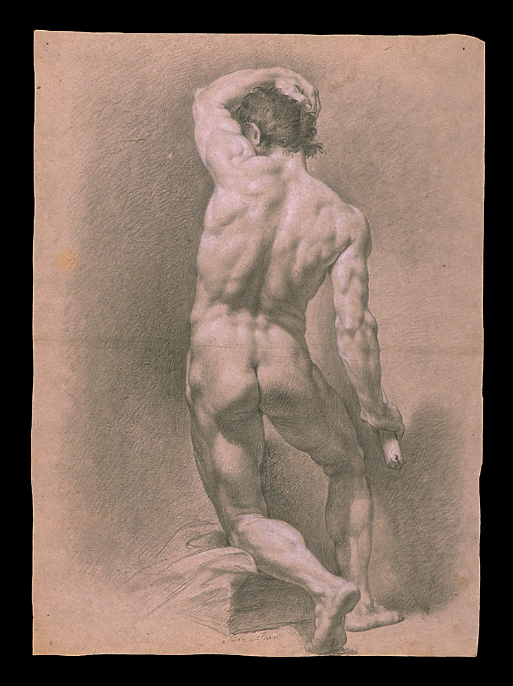 Male nude, back, one leg sitting on a step, pencil and white chalk, 54x39cm. Spain, 1864