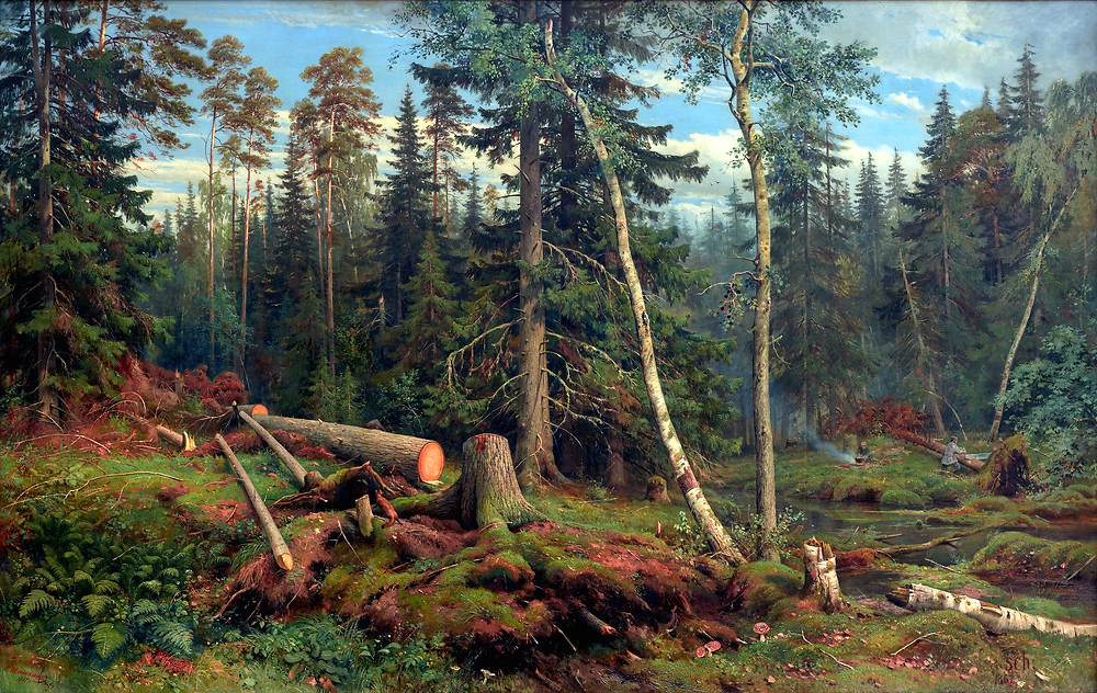 Lumbering (Рубка лесаа, 1867), oil on canvas, 125×196cm